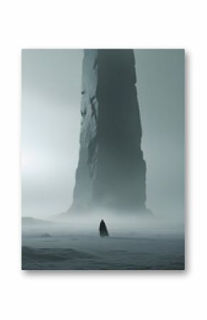 Mysterious Cloaked Figure Before a Giant Monolith in a Foggy Landscape