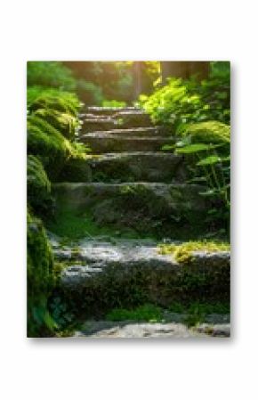 Collection of aged stone steps next to a plaster wall, ascending toward an unknown area in a tranquil garden, illuminated by gentle daylight