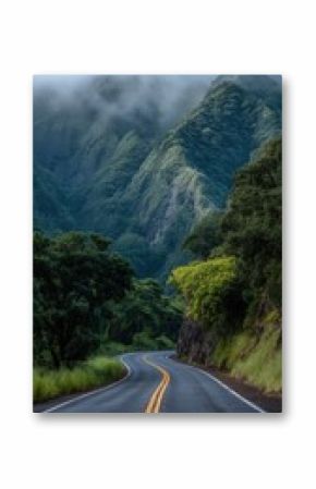 A wet asphalt road with yellow lines stretches into dense tropical greenery and dramatic mist-covered mountains in Hawaii after rainfall.