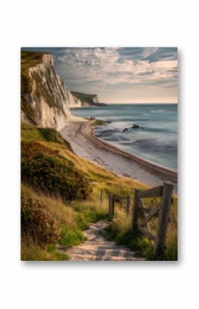 Coastal Path to Durdle Door Beach, Dorset, UK Chalk Cliffs and Sea