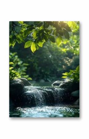 Sunlight filtering through green leaves above small waterfall cascade over rocks in tranquil forest stream, creating peaceful nature atmosphere with bokeh reflections.