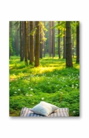 A white pillow lies on a checkered picnic blanket in a lush green forest surrounded by tall trees and vibrant wildflowers