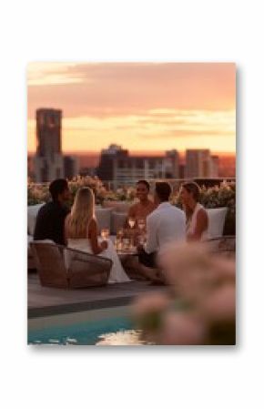 Friends gather for an evening celebration on a rooftop during sunset in a city setting