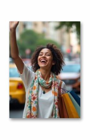 Joyful woman waving while shopping on a sunny city street