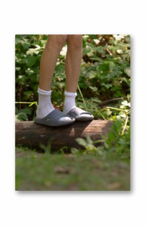 A person comfortably wearing socks and sandals is standing on a sturdy log, showcasing their unique choice of footwear in a casual setting