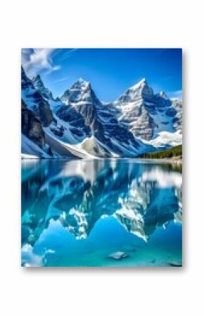 Snow capped mountains reflect in the clear waters of moraine lake