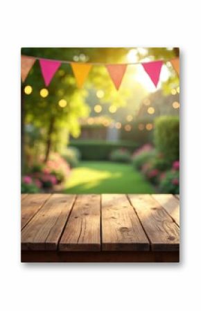 Rustic wooden table foreground festive bunting hanging blurred garden lights background. Warm inviting atmosphere outdoor summer celebration party. Sunny day scene provides ample copyspace for