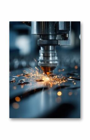 Ultra quality image of automated industrial laser cutting precision sheet metal with sparks in modern factory for manufacturing high-quality components and products efficiently.
