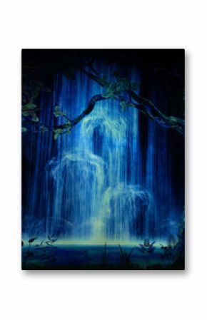 Abstract art installation featuring a striking fake waterfall display inside a modern gallery room, blending nature-inspired forms with contemporary design.