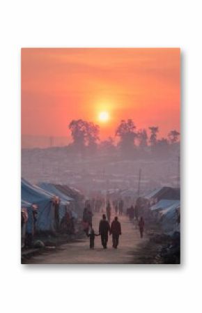 Families stroll along a dirt path lined with tents during sunset at a refugee camp. The warm glow of the setting sun creates a tranquil atmosphere while the day ends