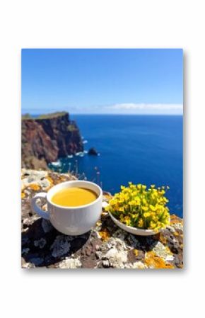 Scenic coffee with wildflowers