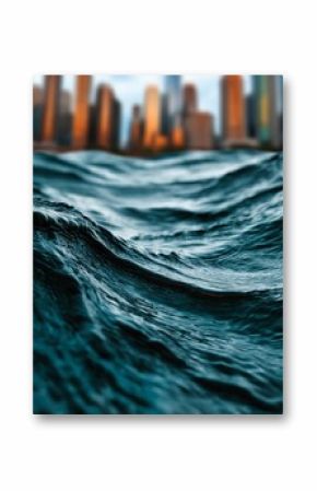City skyline with focus on ocean waves in the foreground