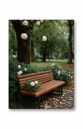 Wooden Park Bench Surrounded by Autumn Leaves and Rose Bushes