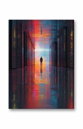 the image portrays a faceless person amid a data center filled with vibrant lights representing anonymity in the digital age
