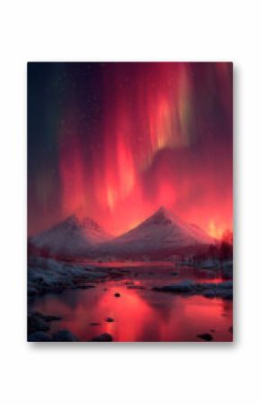 Mesmerizing red and pink aurora borealis swirls gracefully across the night sky above pristine snowy mountains, creating a magical, otherworldly landscape under the cold glow of winter.  