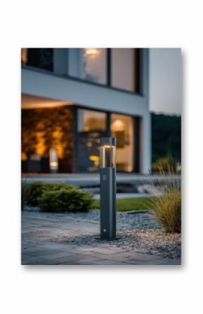 Modern Exterior Lighting Fixture Illuminating a Contemporary Home Garden Path at Twilight