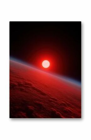 Red sun rising over planet horizon in space