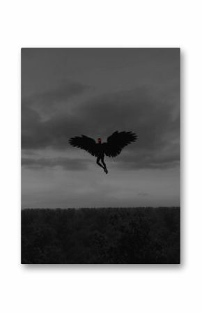 Digital illustration in black and white of the Mothman cryptid flying over a forest