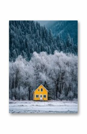 Bright Yellow House in Winter Landscape Surrounded by Frosted Trees and Mountains