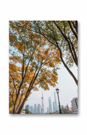 Cityscape view of Shanghai city in autumn season. Skyscraper of Lujiazui in Pudong, view from coffee bar of Shanghai, China. landmark and popular for tourism attractions. Travel and Vacation concept