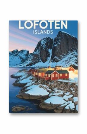 Red rorbuer in the lofoten islands, norway, stand on a rocky shore at sunset in winter