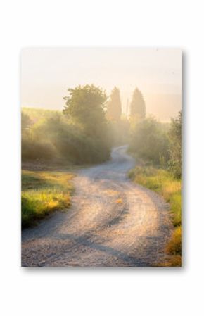 italy morning fog tuscany countryside rolling hills  summer farmland and country road 