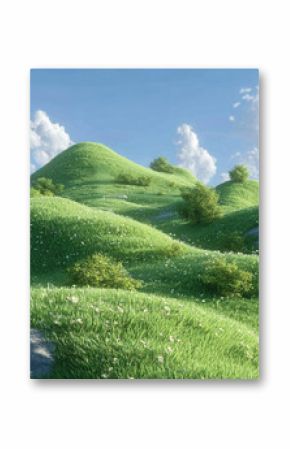 dreamy green hills with blu skies in the background and green grass