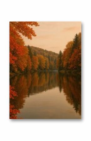 Serene autumn forest reflection scene.