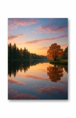 Serene autumn lake reflection sunset