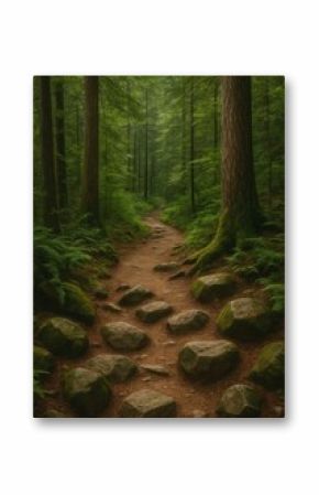 Serene forest path with stones.