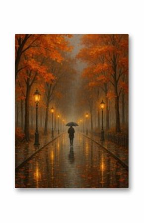 Autumn rain illuminated pathway
