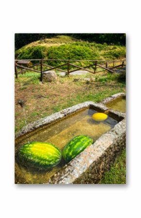 Watermelons chilling near stone fountain, Rocca Pia, Abruzzo, showcasing rustic Italian summer cooling method