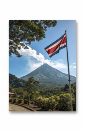 Costa Rica flag National Day September 15 with Arenal volcano and rainforest