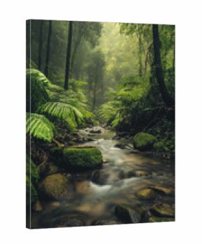 AI generator images of Green Nature Rainforest Waterfalls in the forest, streams with mossy rocks, rocks covered with green moss, show the abundance of the moist forest. tranquil stream