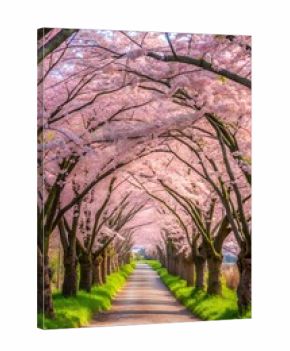 Photo of scenic cherry blossom tunnel with pink flowers in spring, a beautiful and romantic landscape in japan, perfect for travel and nature lovers on a tranquil day