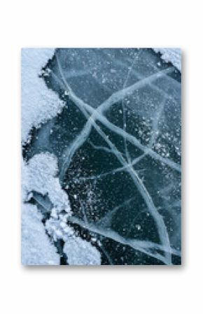 Close-up of frozen lake with textured ice and light snow, serene winter scene