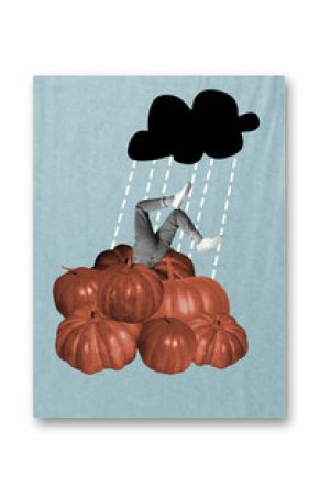 3D collage design trend sketch of foliage wet leaves autumn rainfall pile pumpkin body legs seasonal leaves october september atmosphere
