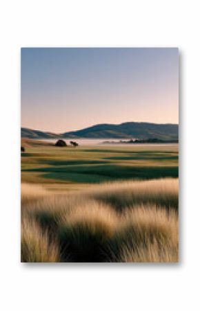 Dreamy grassland sunrise golden field misty hills tranquil landscape serene morning nature peaceful outdoor