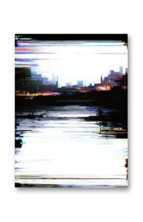 Digital glitch skyline over water with abstract cityscape