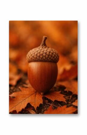 Acorn resting on autumn leaves.