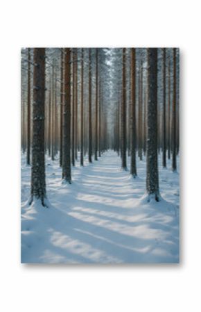 Tranquil winter forest path lined with tall snow-covered trees