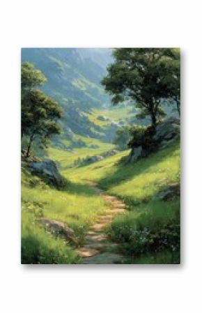 Scenic Pathway Through Lush Green Meadows in a Mountainous Landscape on a Sunny Day