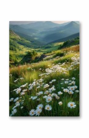 Beautiful Landscape With Blooming Daisies and Distant Mountains During Sunset in a Green Valley.