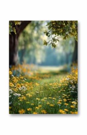 Sunlit Pathway Through a Field of Wildflowers in a Serene Forest Setting
