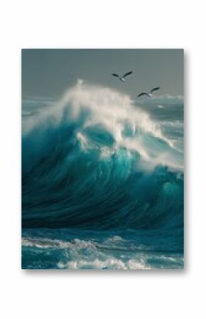 Waves Crash Powerfully Against the Shore as Seagulls Soar Above in the Coastal Light