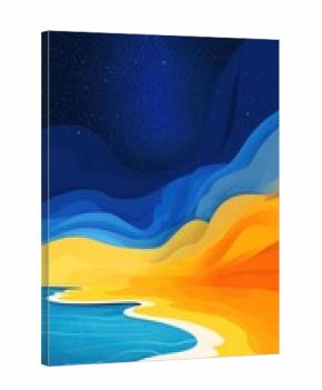 Night beach scene, stylized landscape with vibrant colors.  Stars and mountains