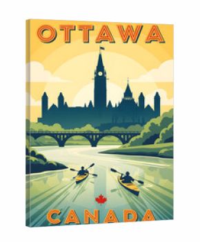 Retro travel poster of ottawa canada with parliament hill and kayakers on the river