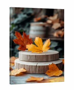 Colorful Autumn Leaves on Wooden Slices in a Cozy Outdoor Setting