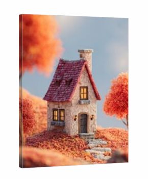 Charming stone fairy tale cottage surrounded by autumn scenery and vibrant trees