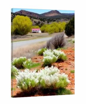Rolling Scrubland Landscape with Silver Sagebrush and a Pink House